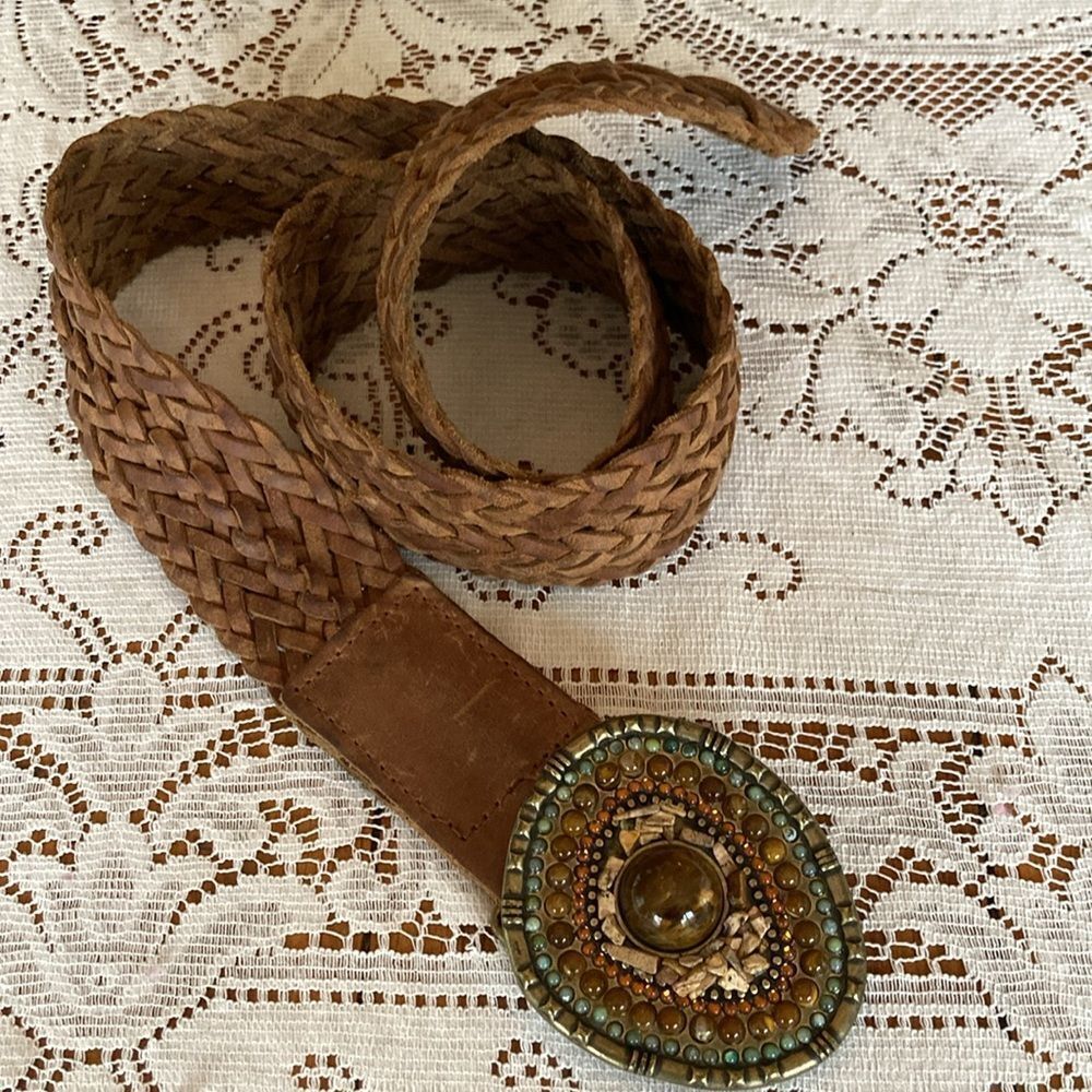 Woven Brown Leather Belt with Beaded Statement Buckle